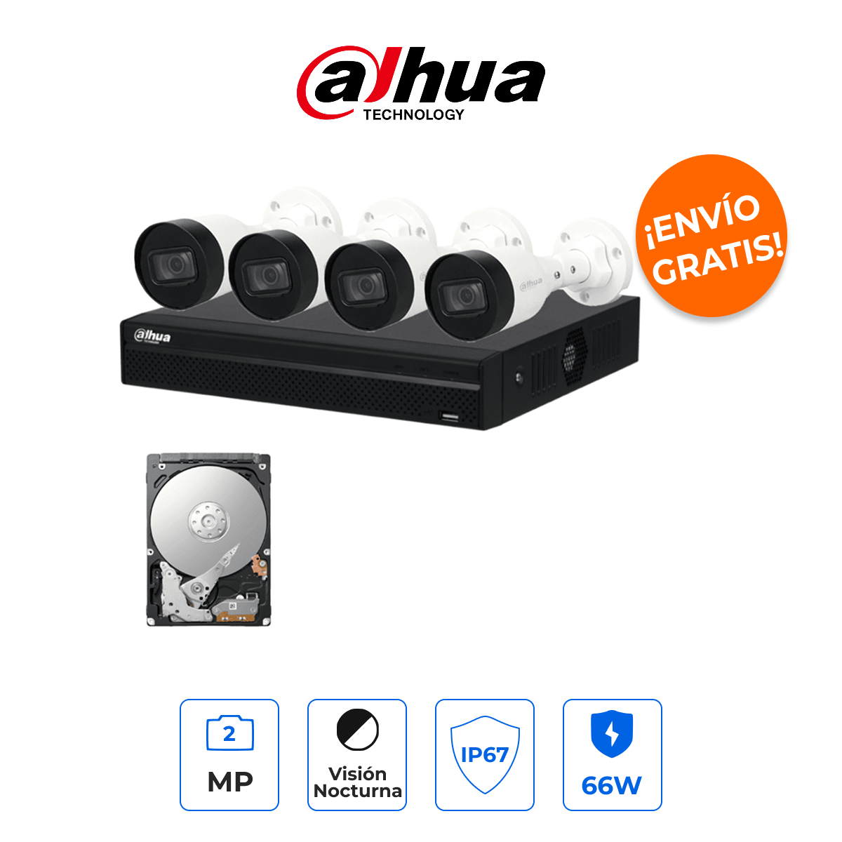 DAHUA KITNVR1104HS-P+4C1TB Kit de Seguridad IP 4 Canales PoE con 4 Cámaras 2MP y HDD 1TB