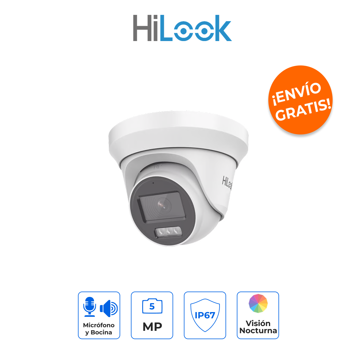 HILOOK THC-T257-LTS Turret 3K 5MP Dual Light con Audio Bidireccional y Visión a Color 40m