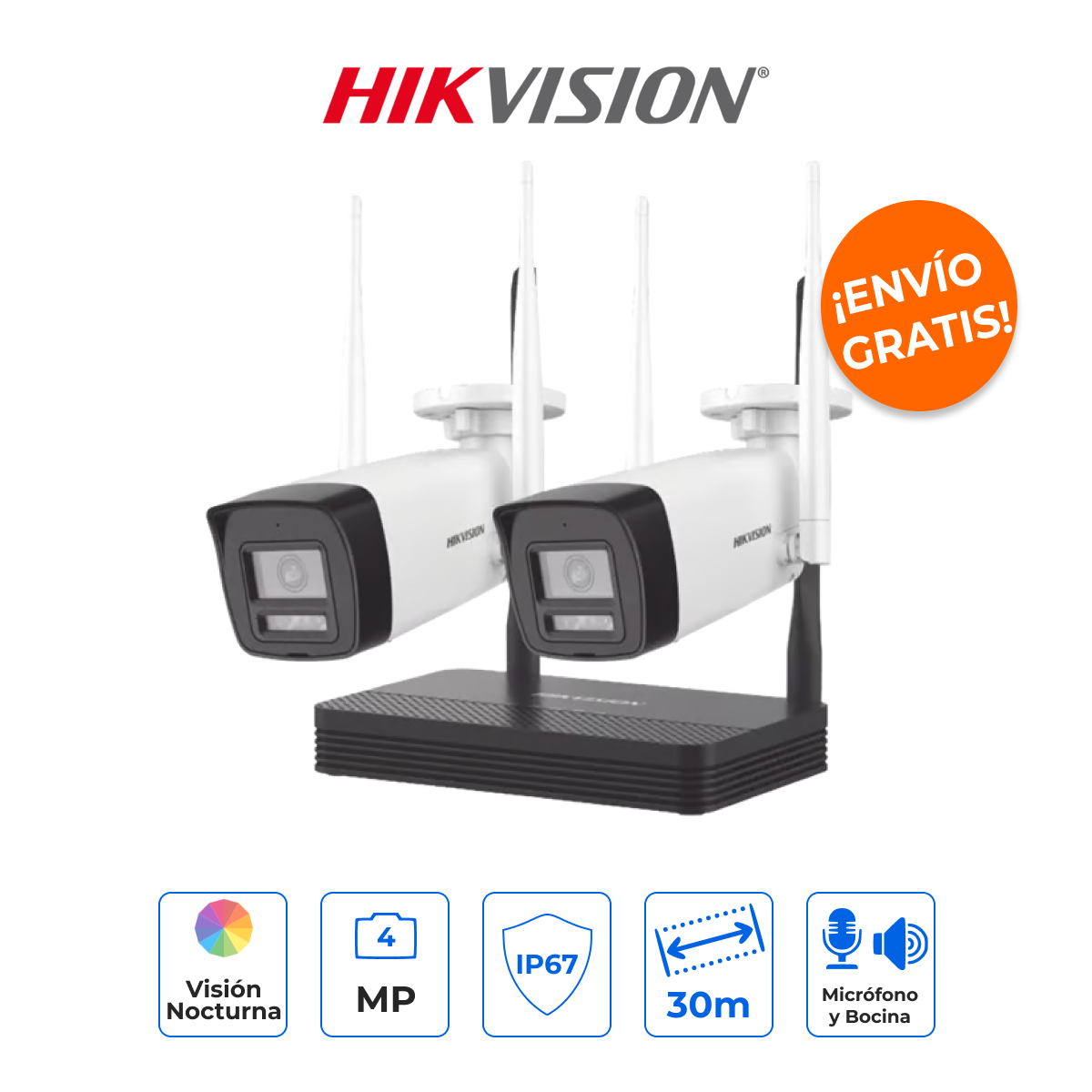 HIKVISION NKS424W0H Kit IP Inalámbrico 4MP 2K con 2 Cámaras Bala Dual Light y Audio Bidireccional