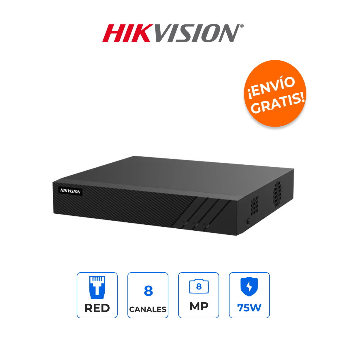 HIKVISION DS-7608NI-Q1/8P(E) NVR 8 Canales 8MP 4K con 8 Puertos PoE+ y Modo Extendido 300m