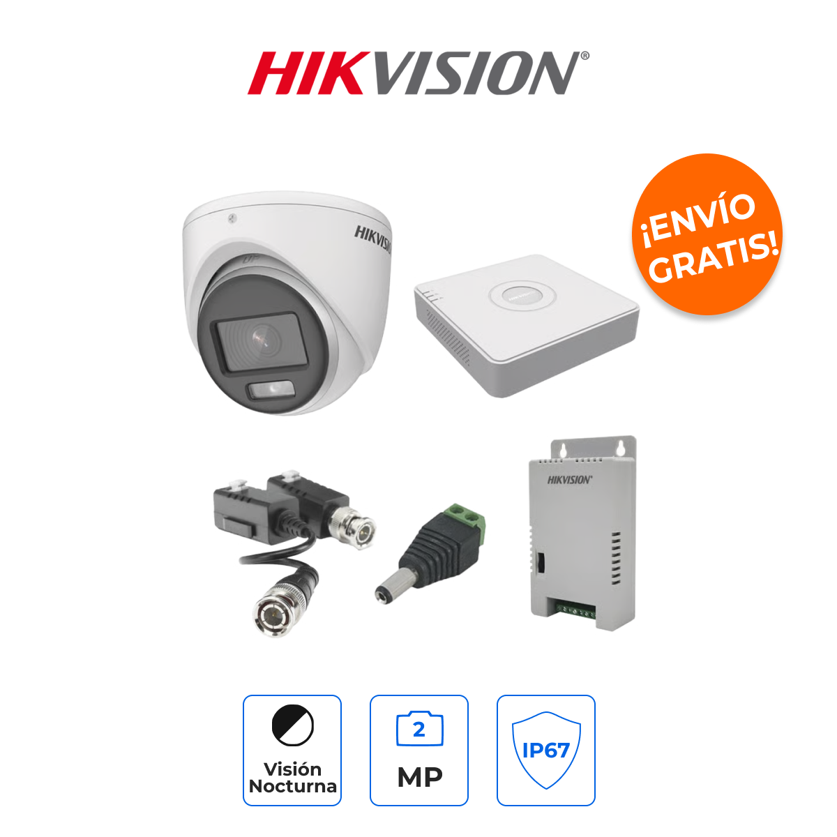 HIKVISION KH1080PL4EC Kit de Seguridad 4 Canales 2MP ColorVu con 4 Cámaras Eyeball y Visión a Color 24/7