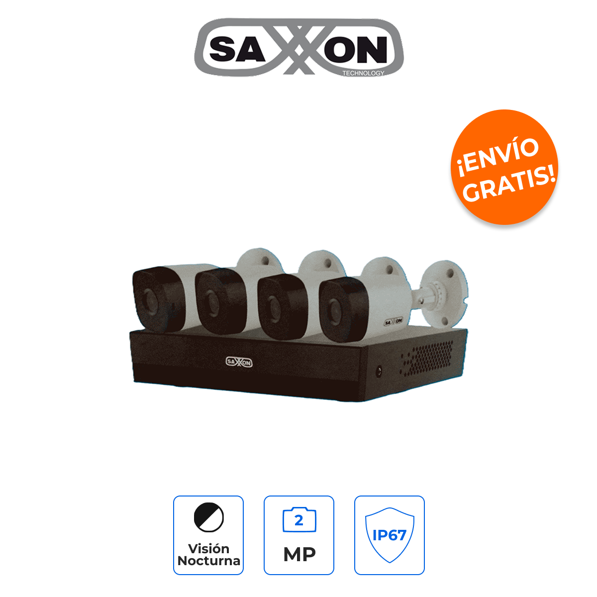 SAXXON SUA-KIT/XVR1E04-I/4-B10P-0280B - Kit de Videovigilancia HD con Detección Inteligente y Gran Angular