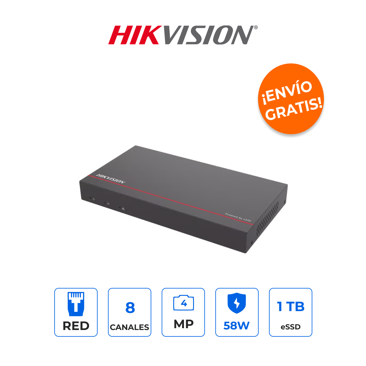 HIKVISION DS-E08NI-Q1/8P/1T NVR 8 Canales 4MP con eSSD 1TB Integrado y 8 Puertos PoE+
