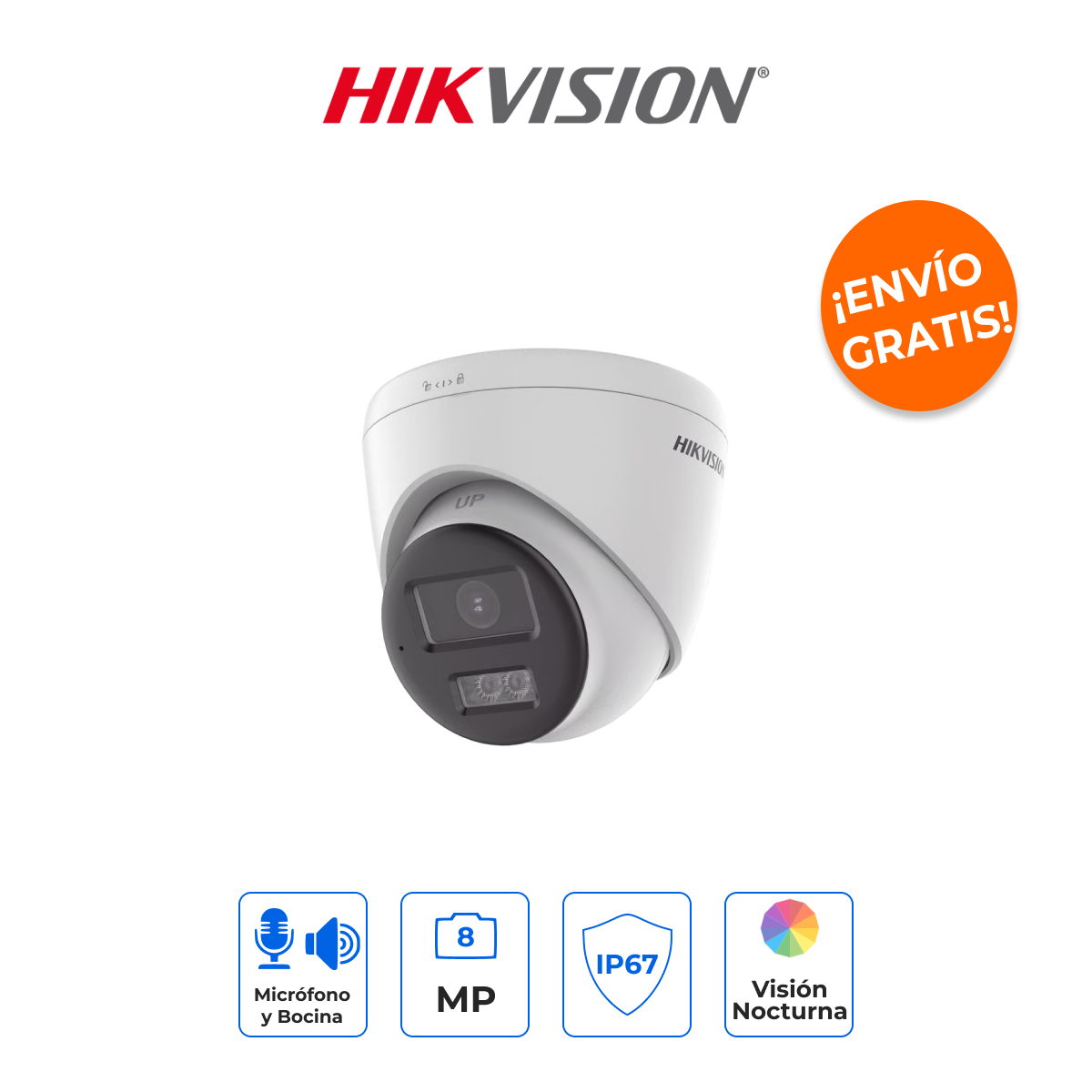 HIKVISION DS-2CE78U0T-LXTS Turret 4K 8MP con Protección Activa, Sirena, Estrobo y Audio Bidireccional