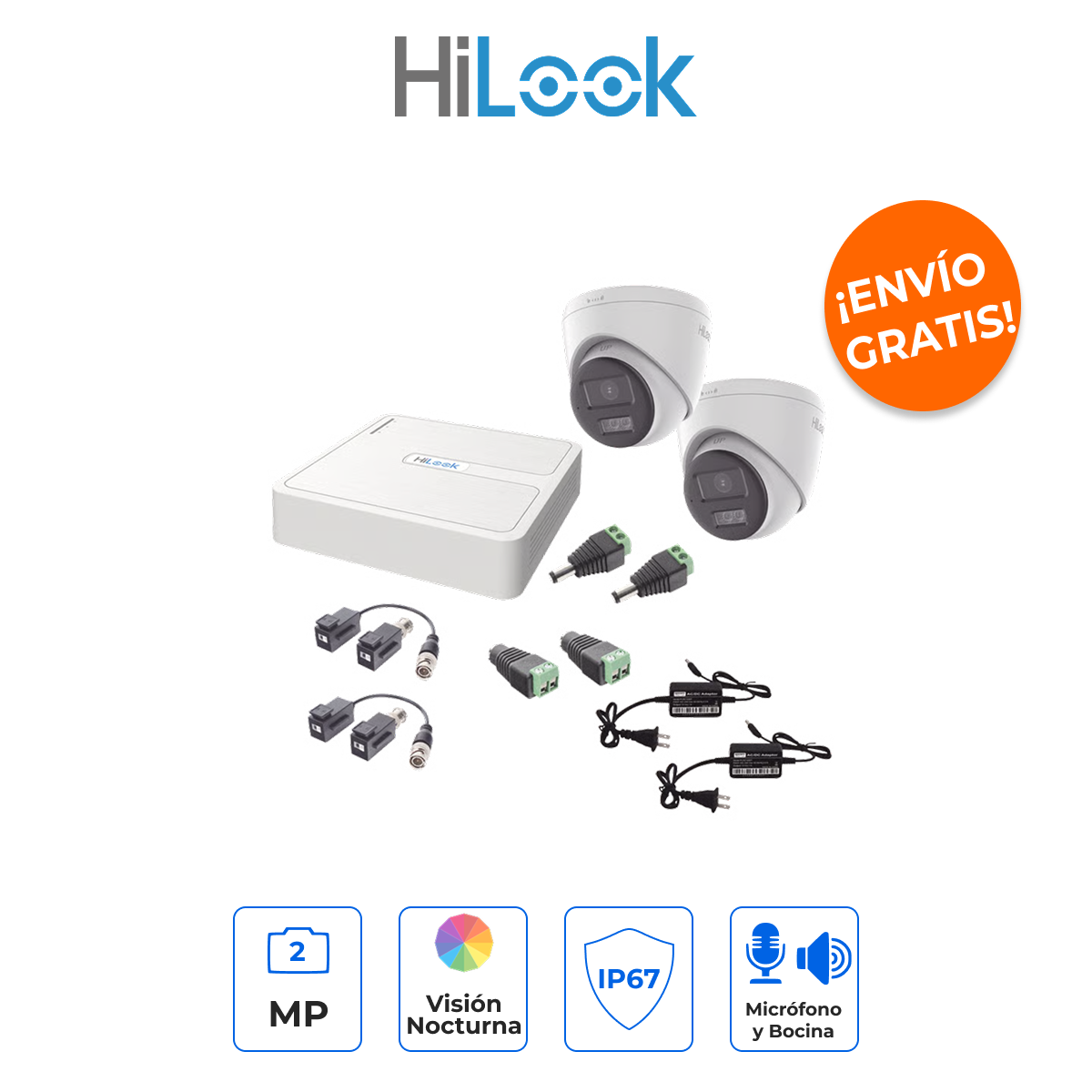 HILOOK HL-1080P-2E-TWA Kit de Seguridad 1080p con 2 Cámaras Turret, Audio Bidireccional e IA