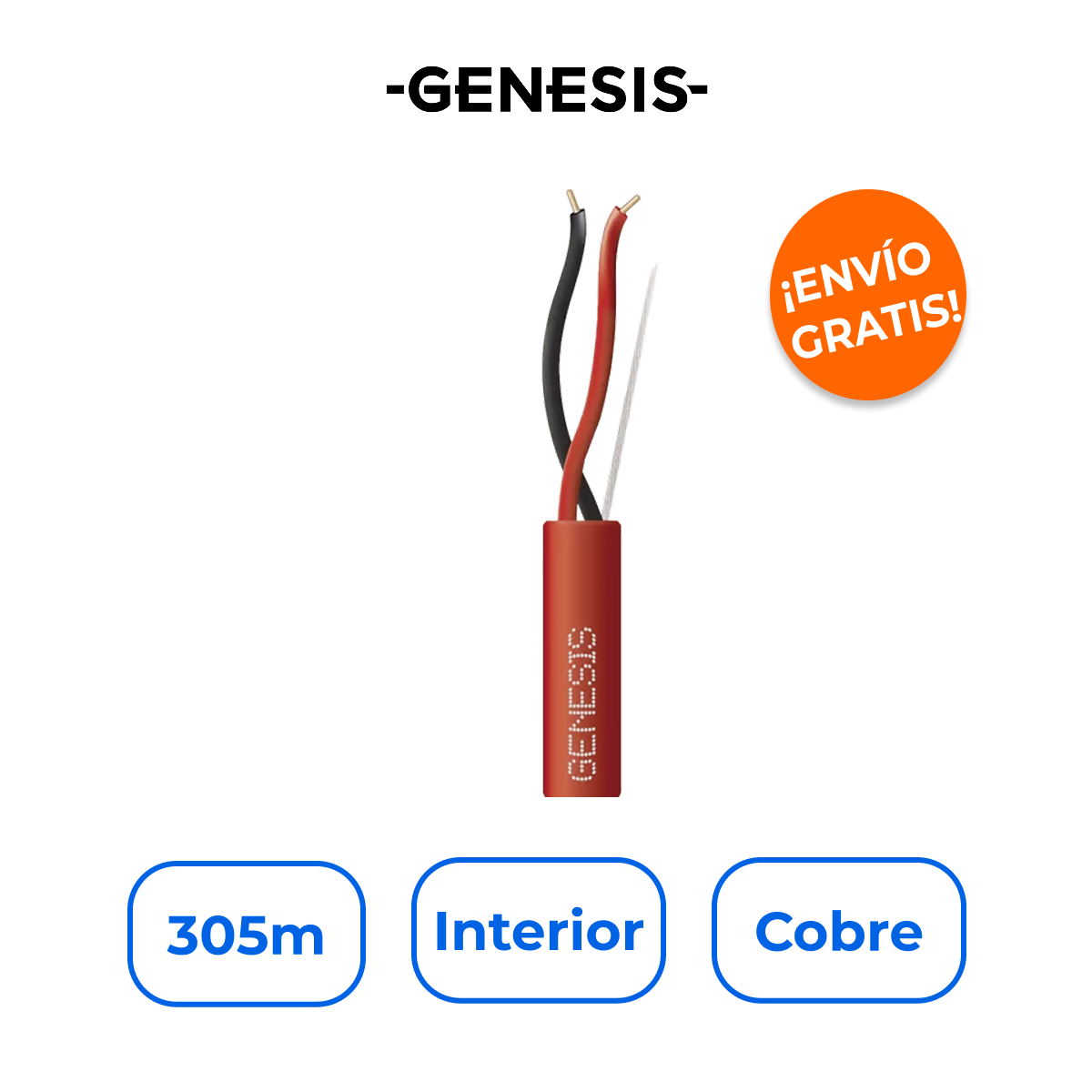GENESIS 4311-1104/1000 Bobina 305m Cable 2x16 AWG 100% Cobre para Incendio Riser Rojo