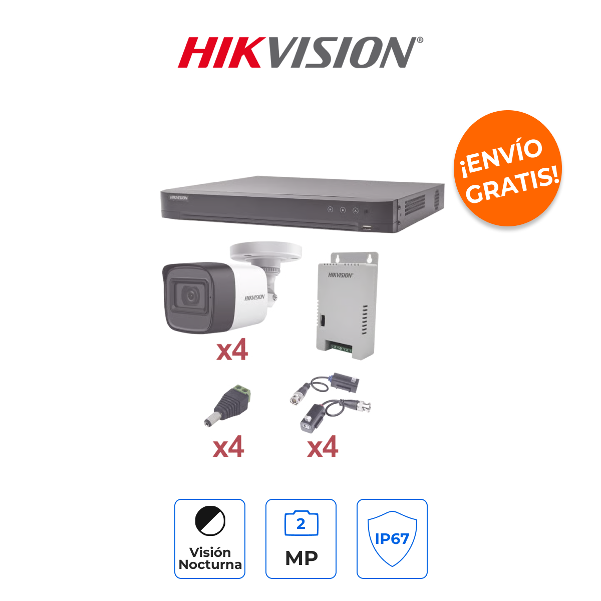 HIKVISION KH1080P4BW Kit de Seguridad 4 Canales 2MP con 4 Cámaras Bala e Instalación Profesional