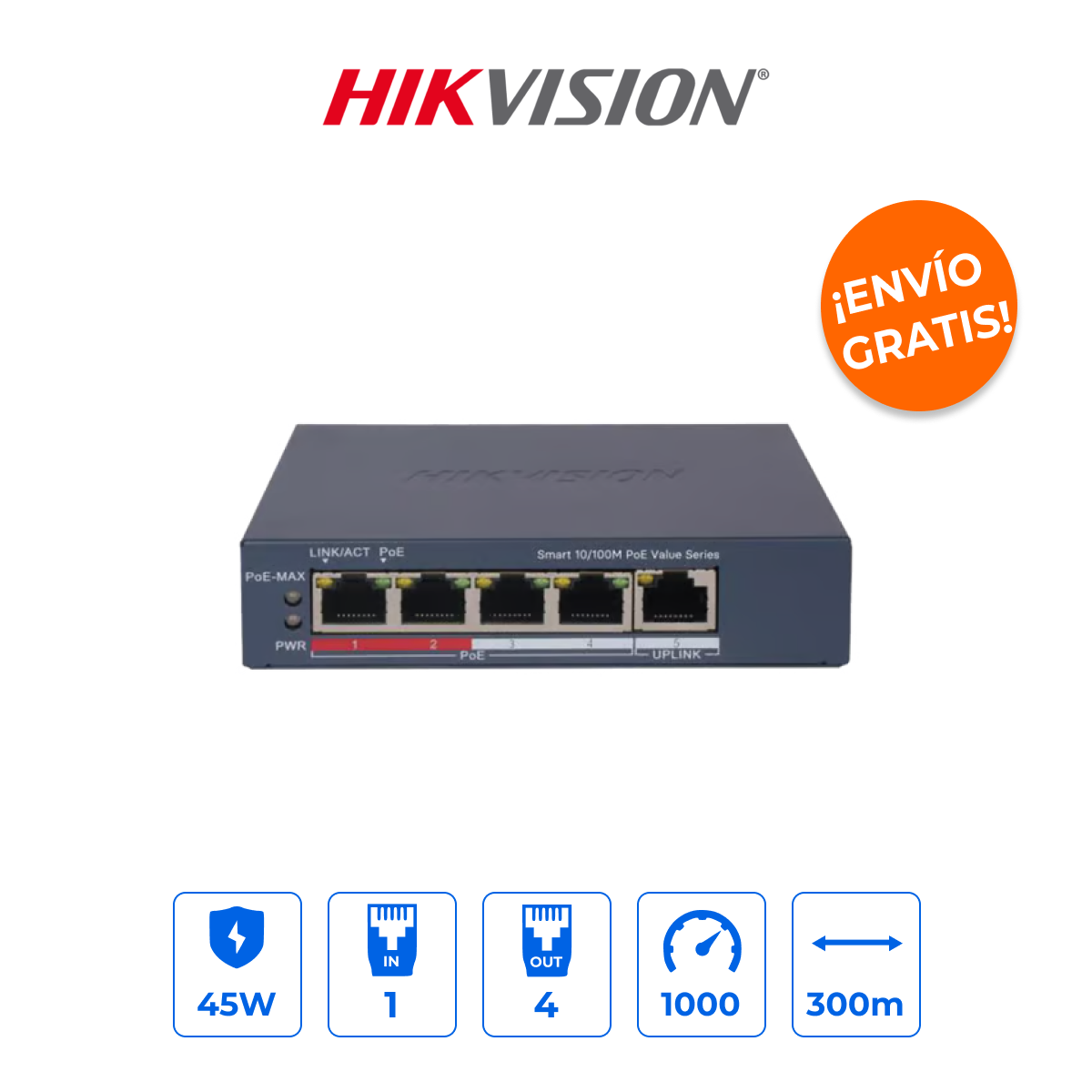Hikvision DS-3E1505P-EI/M Switch Gigabit Administrable 5 Puertos (4 PoE) 10/100/1000