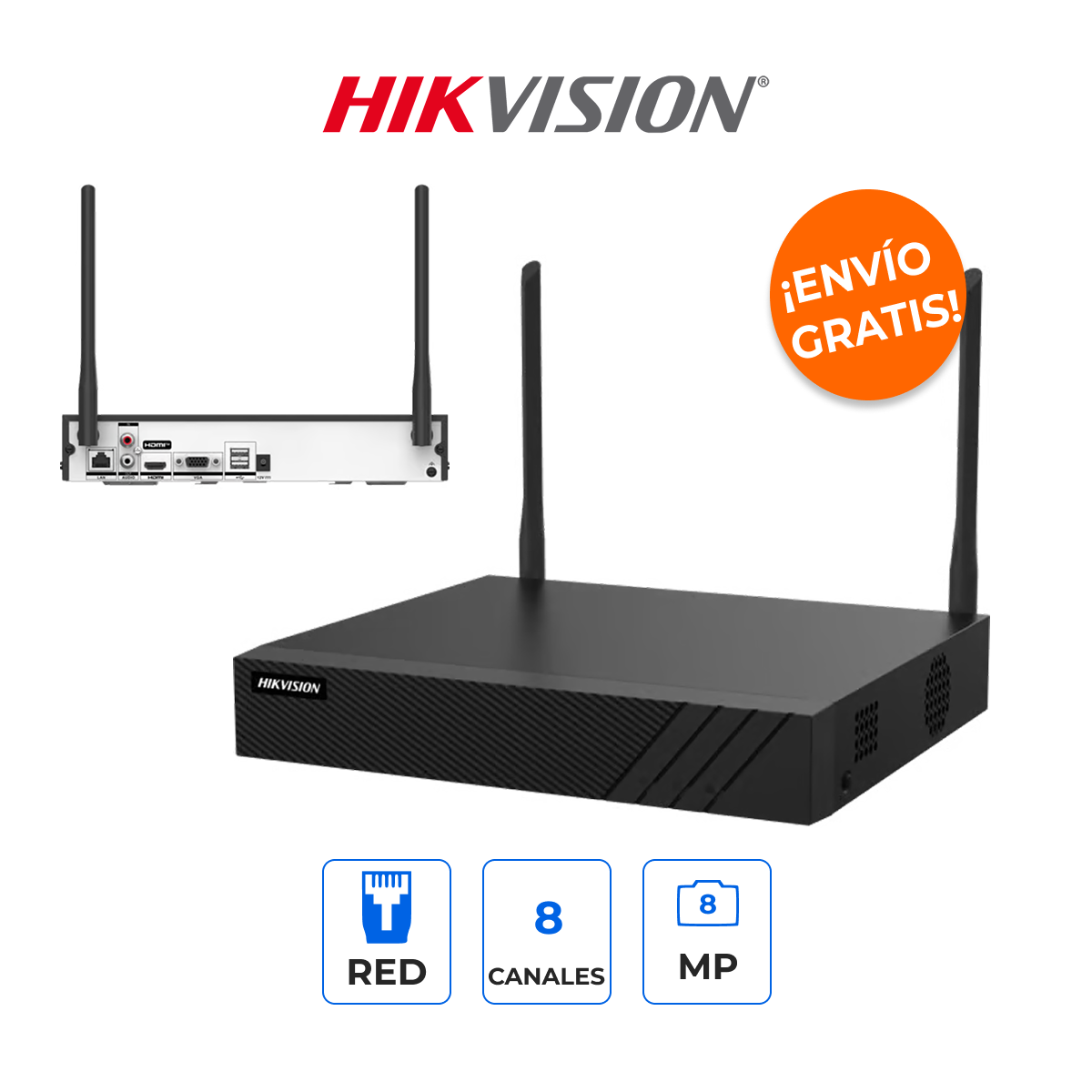 HIKVISION DS-7608NI-Q1/W Grabador NVR WiFi 8 Canales 8MP 4K con IA AcuSense y Doble Antena