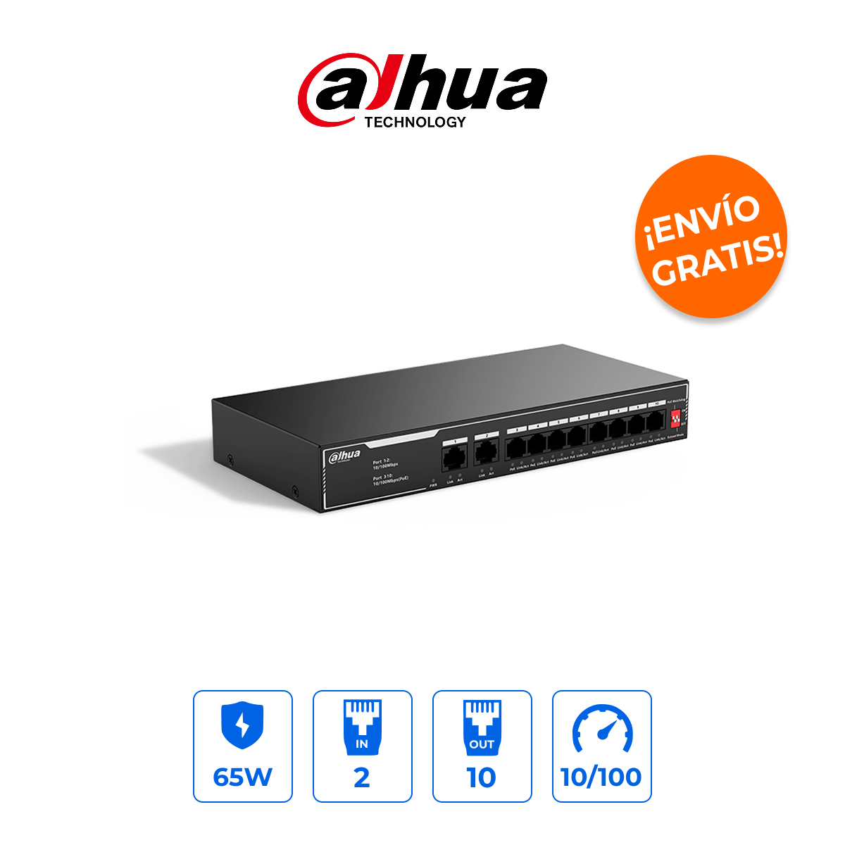 Dahua DH-SF1010LP Switch PoE 8 Puertos Fast Ethernet 65W