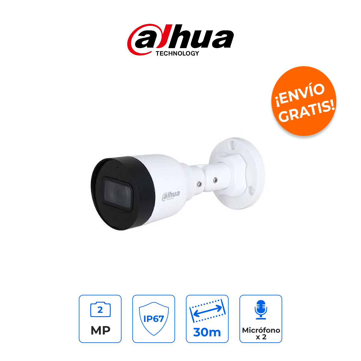 DAHUA DH-IPC-HFW1230S1-A-S5 Cámara Bala IP 2MP con Micrófono, Smart IR 30m, Exterior IP67 y PoE