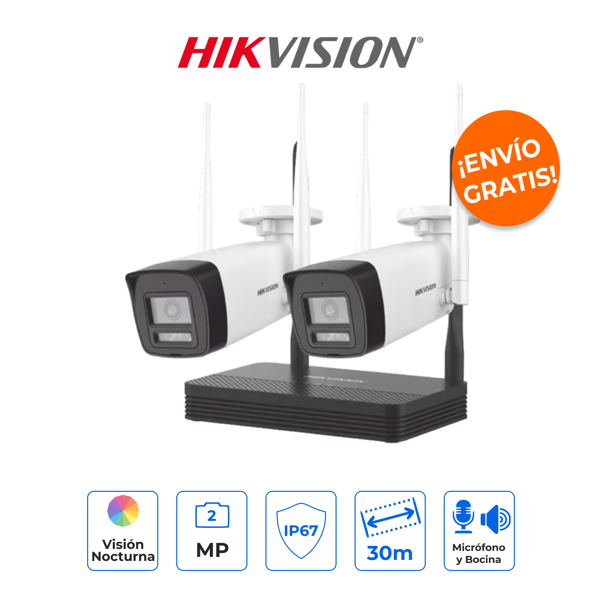 HIKVISION NKS422W0H Kit IP Inalámbrico 2MP con NVS 4 Canales, 2 Cámaras Bala Dual Light y Audio