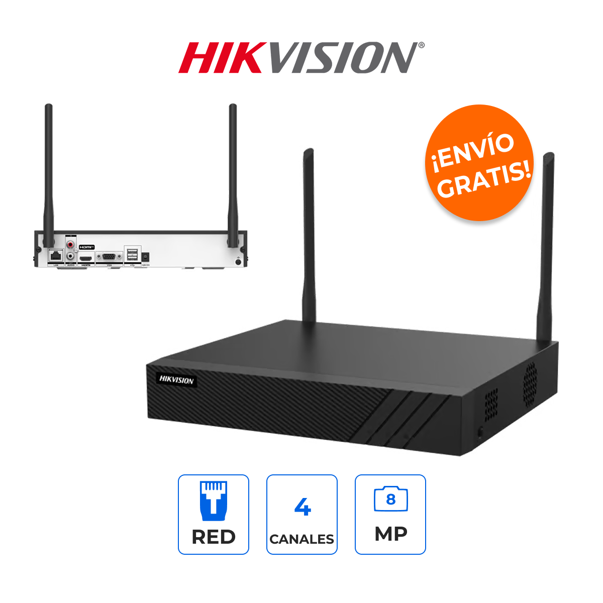 HIKVISION DS-7604NI-Q1/W Grabador NVR WiFi 4 Canales 8MP 4K con IA AcuSense y Doble Antena