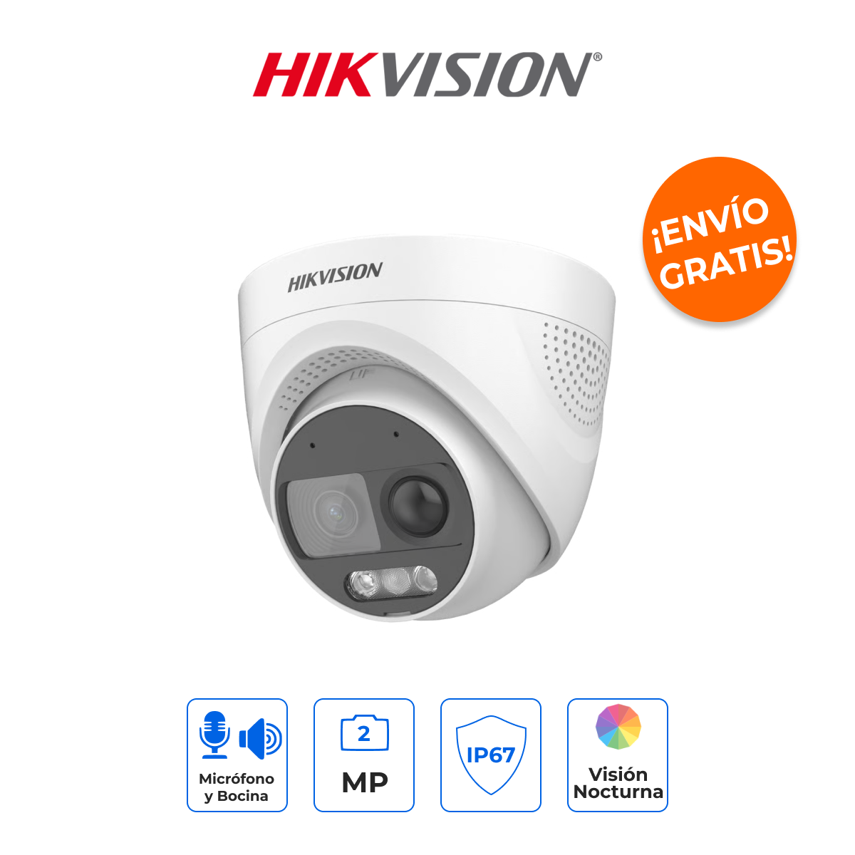 HIKVISION DS-2CE72DF3T-PIRXOS Cámara Turret 2MP ColorVu con PIR, Sirena y Estrobo Rojo-Azul