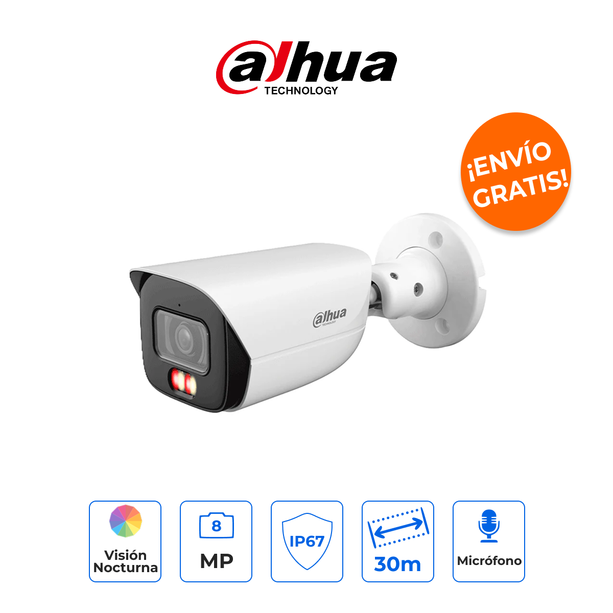 DAHUA DH-IPC-HFW3849E-AS-IL Cámara Bala IP 8MP 4K WizSense Smart Dual Light con Audio e IA