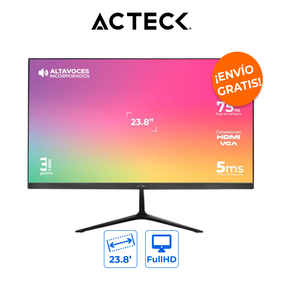 ACTECK AC-933841 Monitor de 23.8" FullHD con Altavoces Integrados, HDMI y VGA