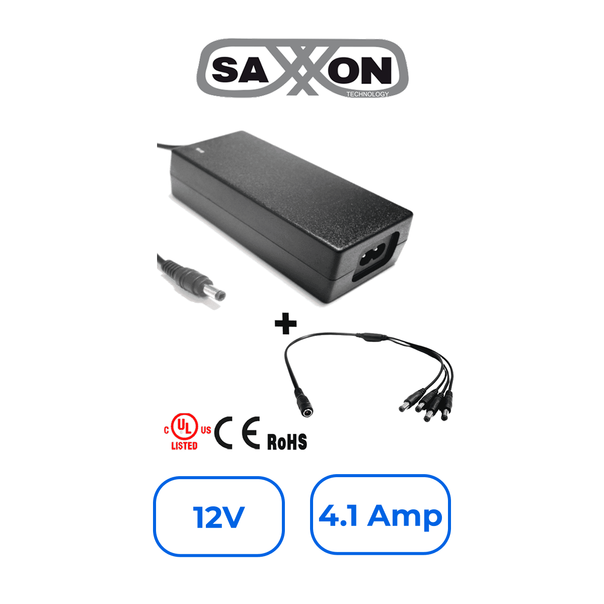 Saxxon PSU1204D+PSUWB07 Fuente de Poder Regulada 12V 4.1A con Divisor para 4 cámaras
