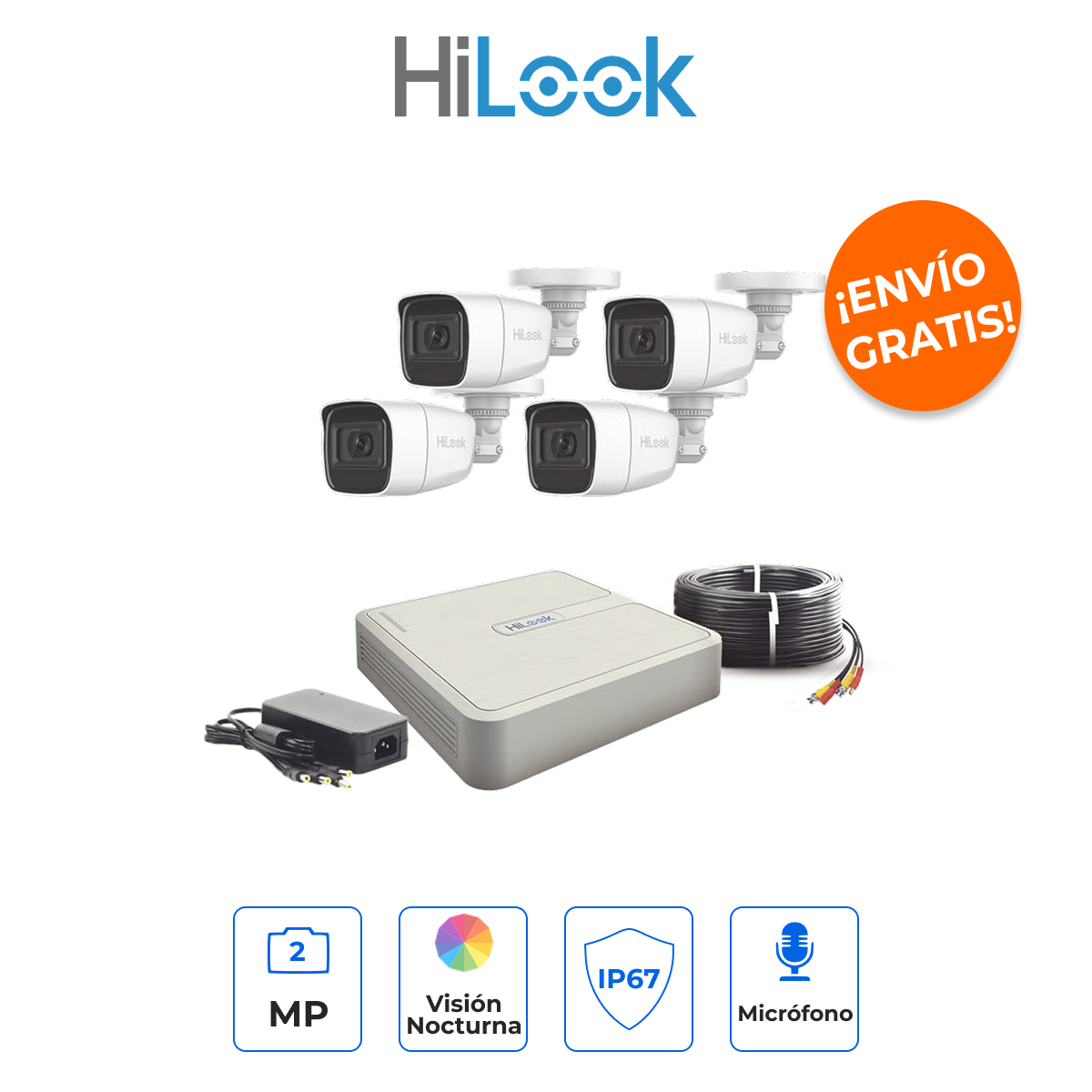 HILOOK HL1080PS(C) Kit de Seguridad 4 Canales 2MP con Micrófono Integrado y Audio por Coaxitron