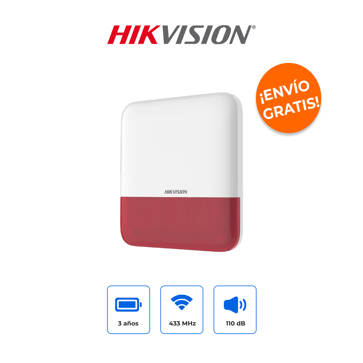 HIKVISION DS-PS1-E-WB/R Sirena Inalámbrica Exterior 110dB con Estrobo Rojo para AX PRO