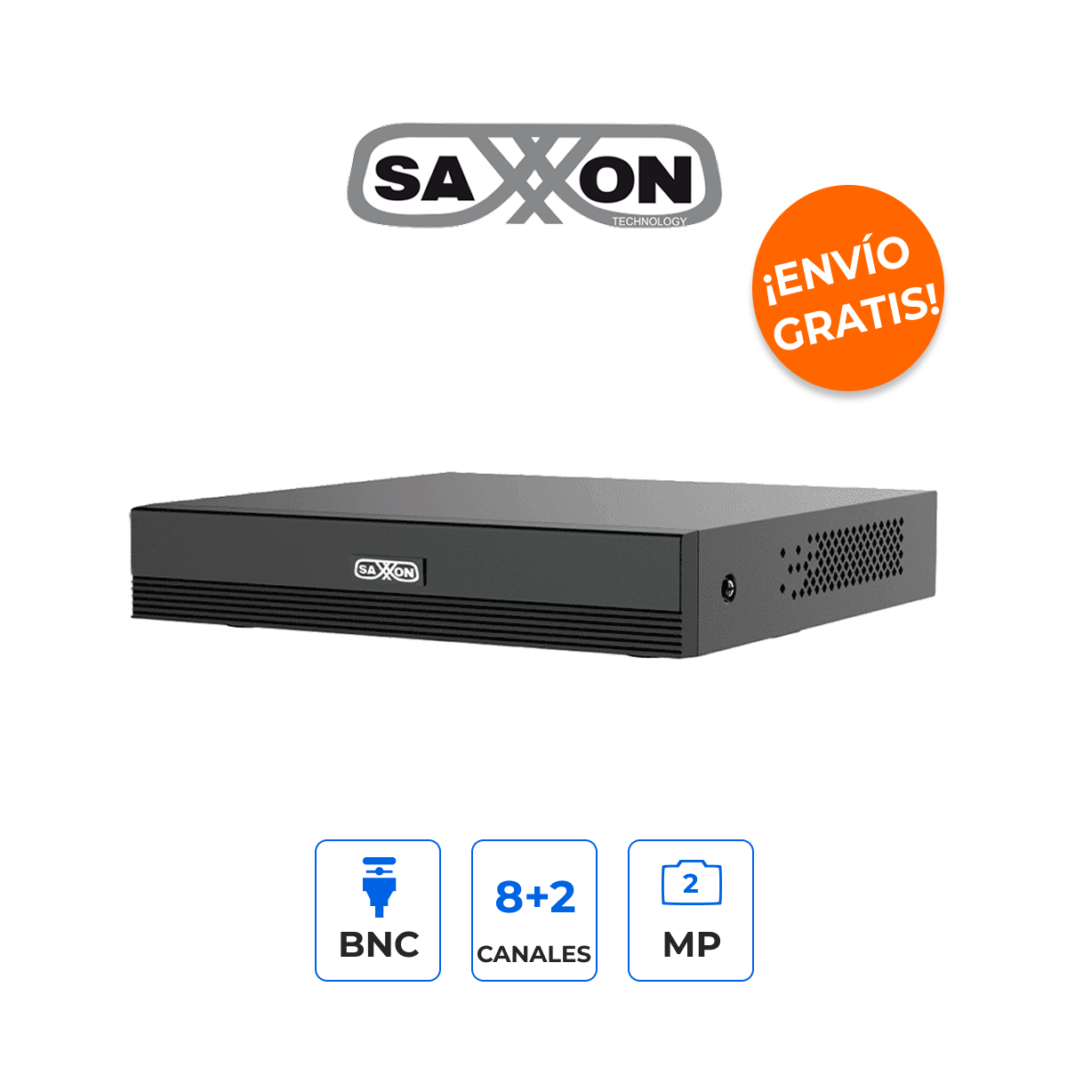 Saxxon SUA-XVR1E08-I XVR 8CH Análogos 2MP + 2 IP SMD Plus H.265+ Audio Bidireccional RCA