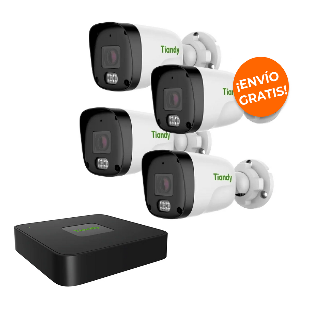 NVR + 4 CAMARAS FULL COLOR - Tiandy KIT-4CAMNVR Color 24/7 Micrófono NVR 4 Canales PoE Lente 2.8mm 2MP IP67 S+265